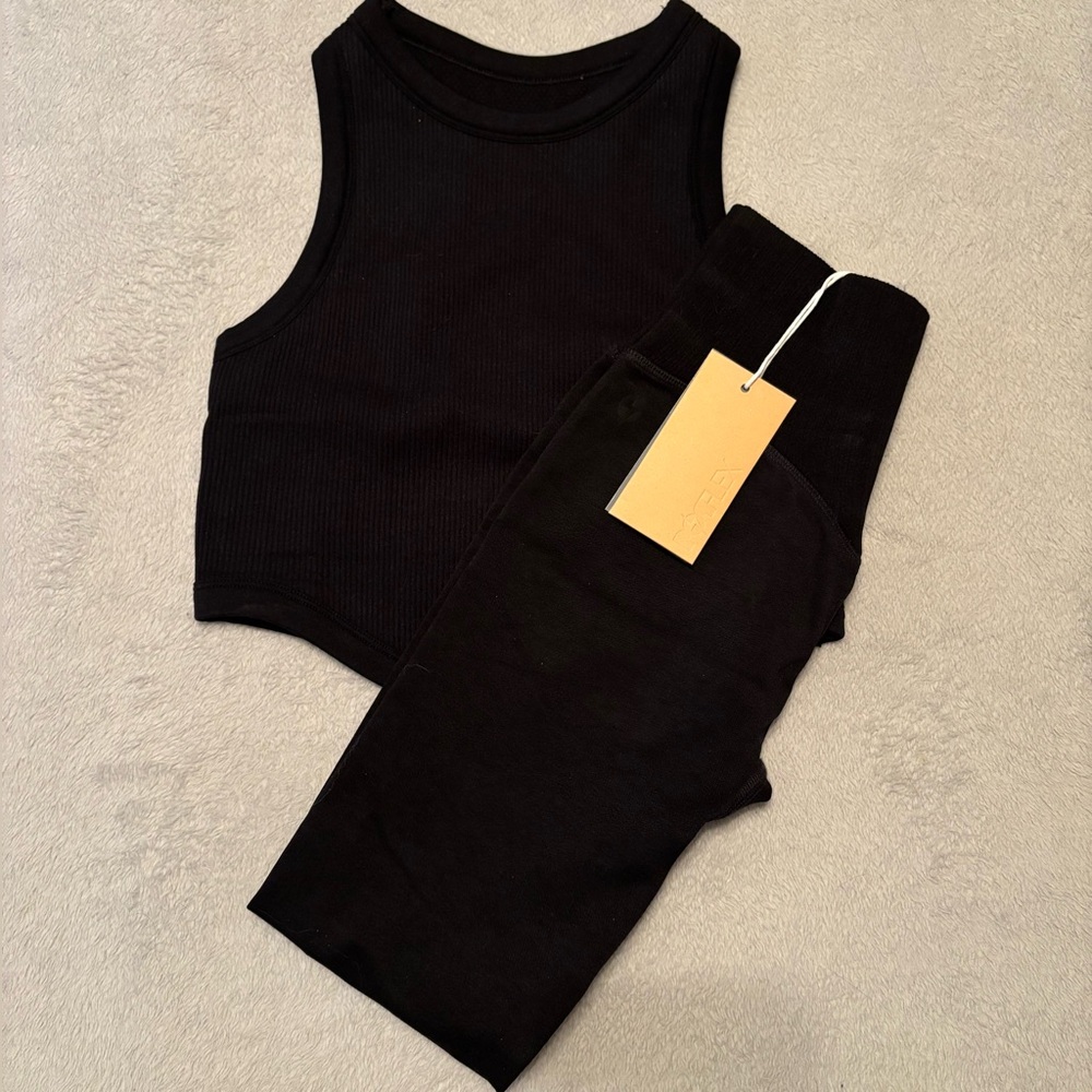 POPFLEX Black Women's Ribbed Crop Tank & High-Waist Pants Set